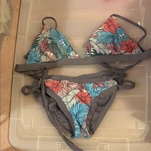 Tropical Floral Bikini Set - Gray and Blue